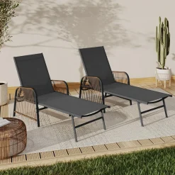 IDMarket Transats de jardin inclinables gris anthracite avec accoudoirs cordage effet rotin* Bains De Soleil|Fauteuils De Jardin