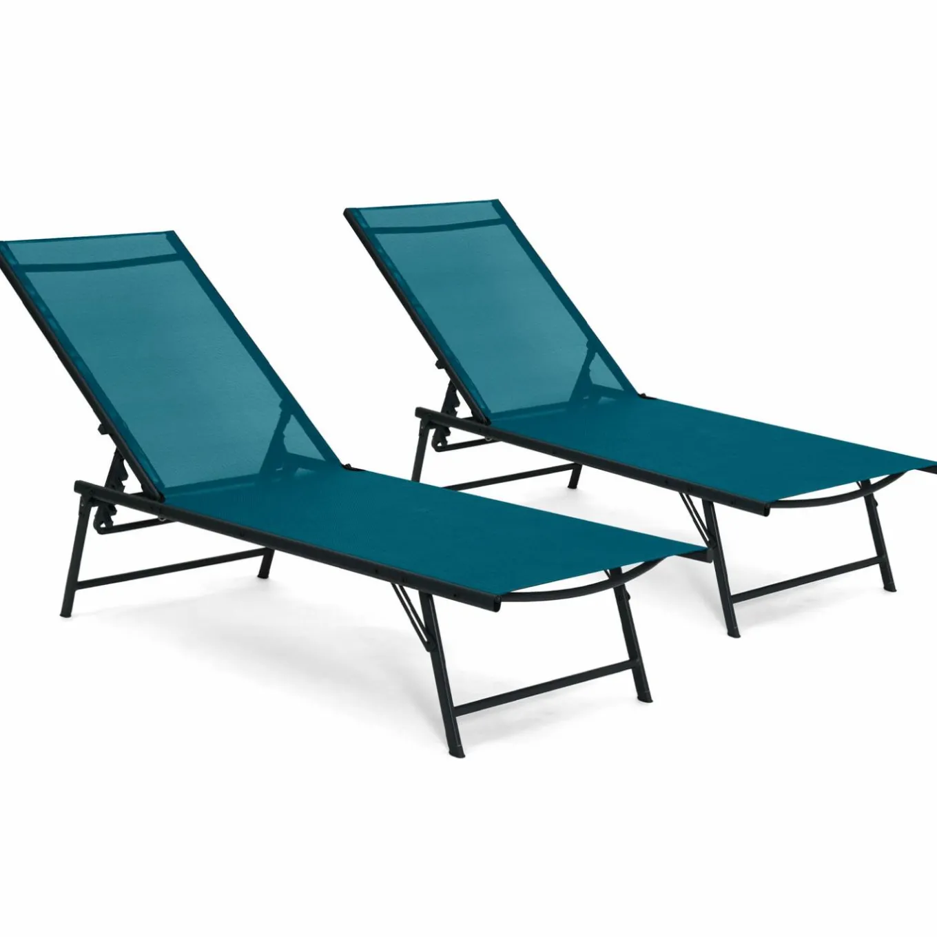 IDMarket Transats de jardin toile bleu canard et acier gris anthracite - lot de 2* Bains De Soleil|Fauteuils De Jardin