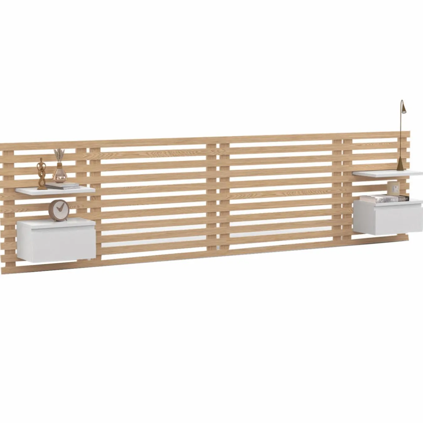 IDMarket Tête de lit 240 cm en lattes de bois avec chevets et étagères blanches* Têtes De Lit|Chambre Complète Adulte
