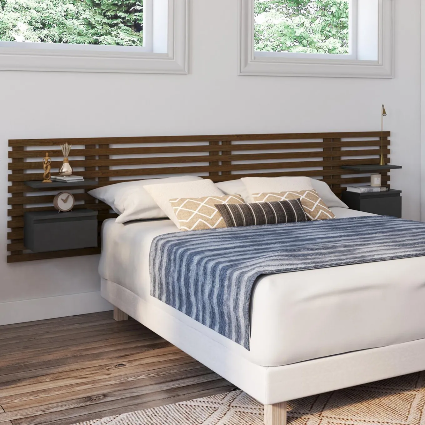 IDMarket Tête de lit 240 cm en lattes façon bois vieilli avec chevets et étagères noires* Têtes De Lit|Chambre Complète Adulte