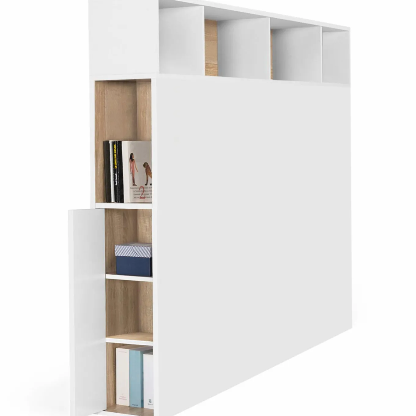IDMarket Tête de lit avec rangement intégré 145 cm blanc et bois façon hêtre* Meubles Blancs|Collection Moderne