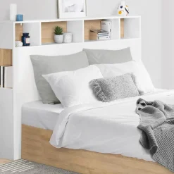 IDMarket Tête de lit avec rangement intégré 145 cm blanc et bois façon hêtre* Meubles Blancs|Collection Moderne