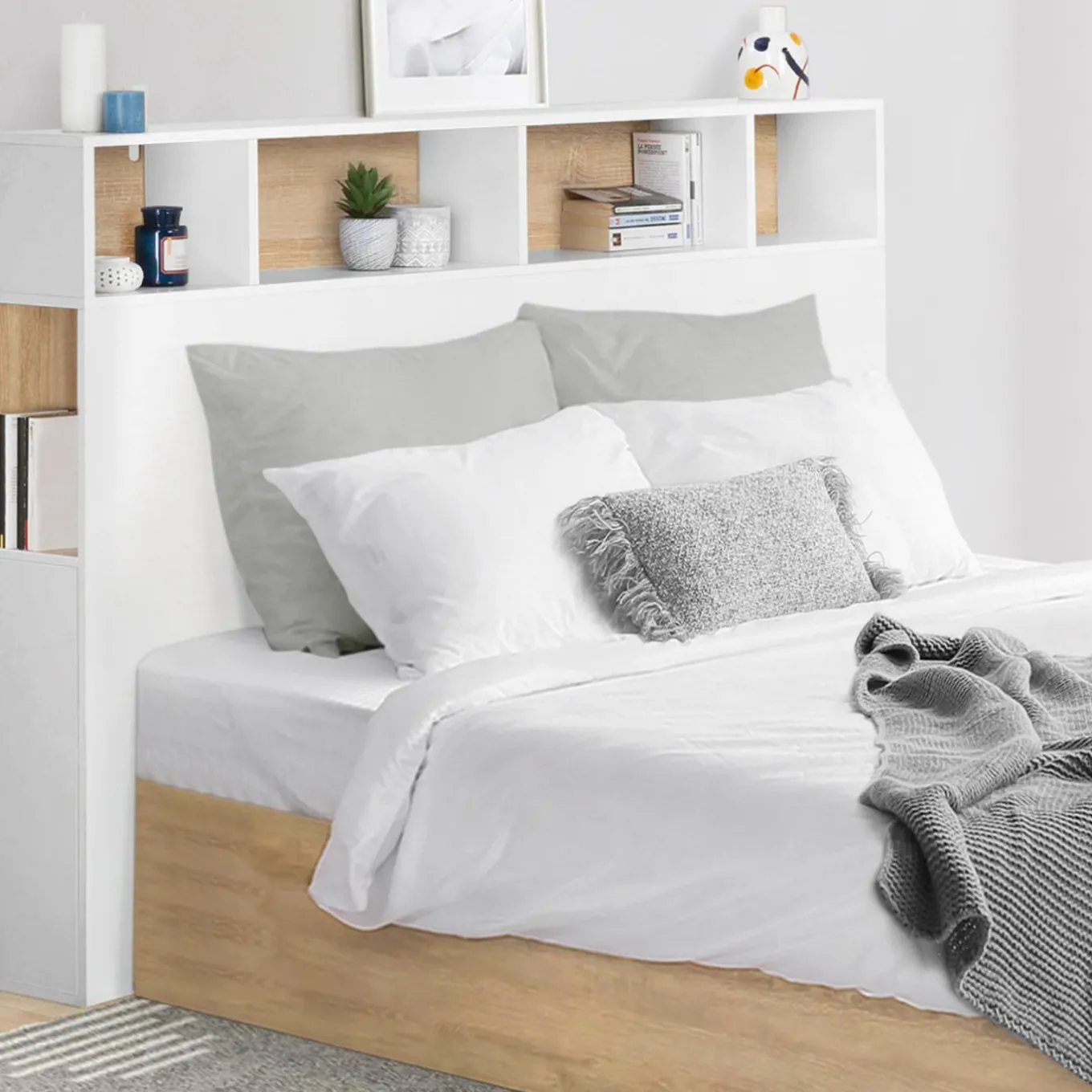 IDMarket Tête de lit avec rangement intégré 145 cm blanc et bois façon hêtre* Meubles Blancs|Collection Moderne