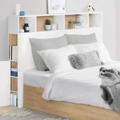 IDMarket Tête de lit avec rangement intégré 165 cm blanc et bois façon hêtre* Meubles Blancs|Collection Moderne