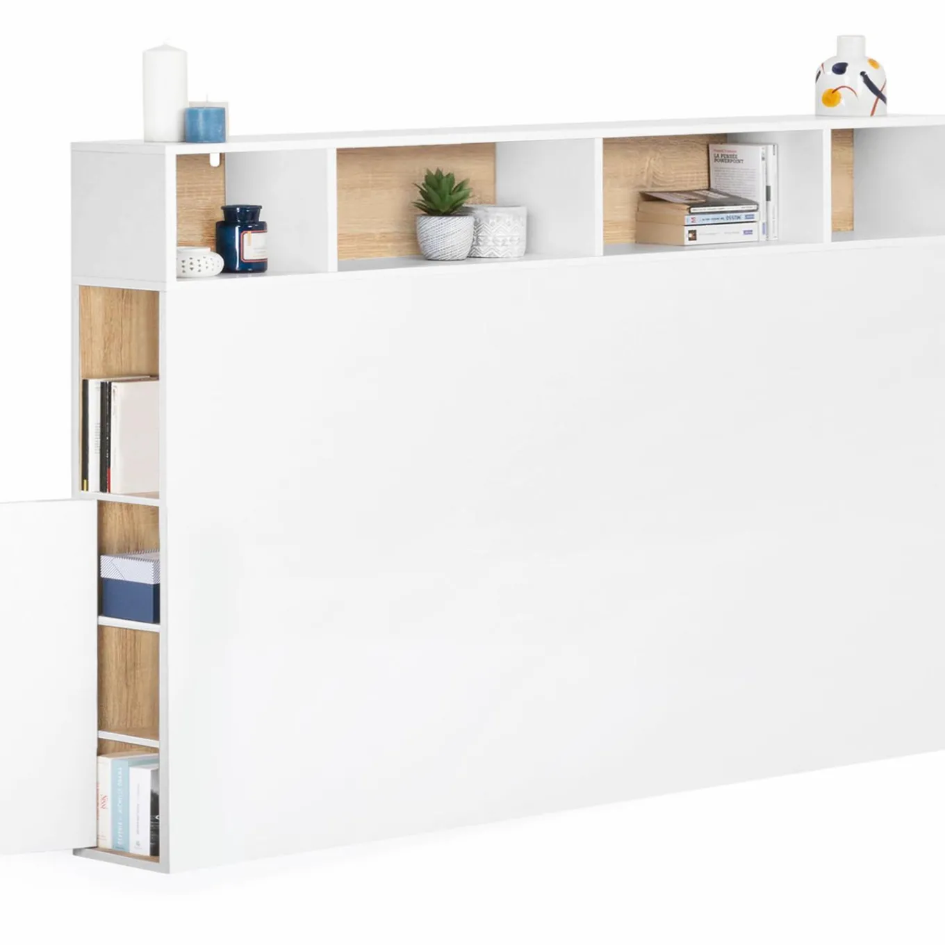 IDMarket Tête de lit avec rangement intégré 165 cm blanc et bois façon hêtre* Meubles Blancs|Collection Moderne