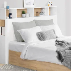 IDMarket Tête de lit avec rangement intégré 165 cm blanc et bois façon hêtre* Meubles Blancs|Collection Moderne