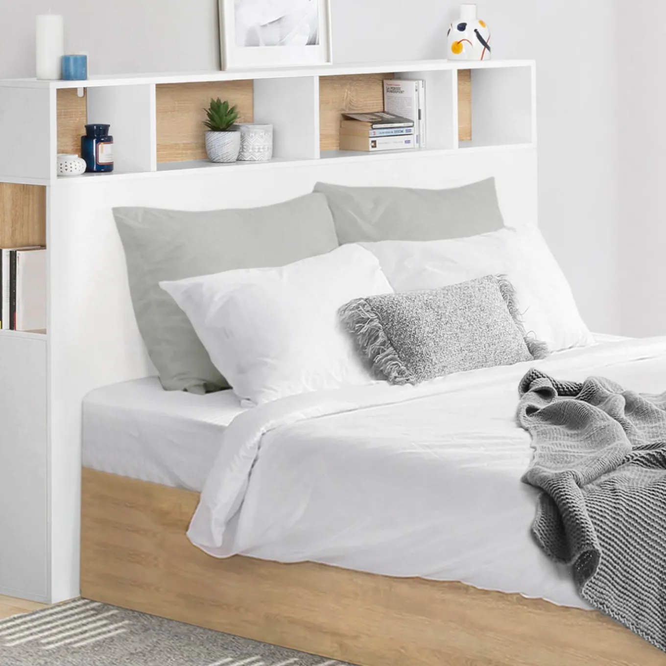 IDMarket Tête de lit avec rangement intégré 165 cm blanc et bois façon hêtre* Meubles Blancs|Collection Moderne