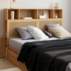 IDMarket Tête de lit avec rangements fermés et niches cannage et bois 145cm* Collection Cannage|Collection Moderne