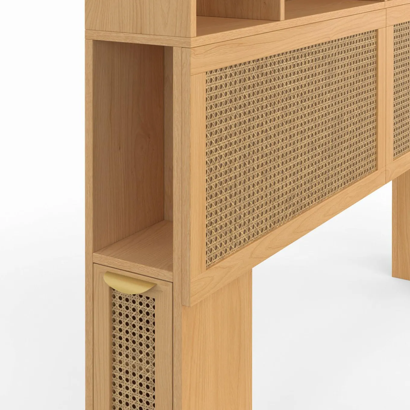 IDMarket Tête de lit avec rangements fermés et niches cannage et bois 145cm* Collection Cannage|Collection Moderne