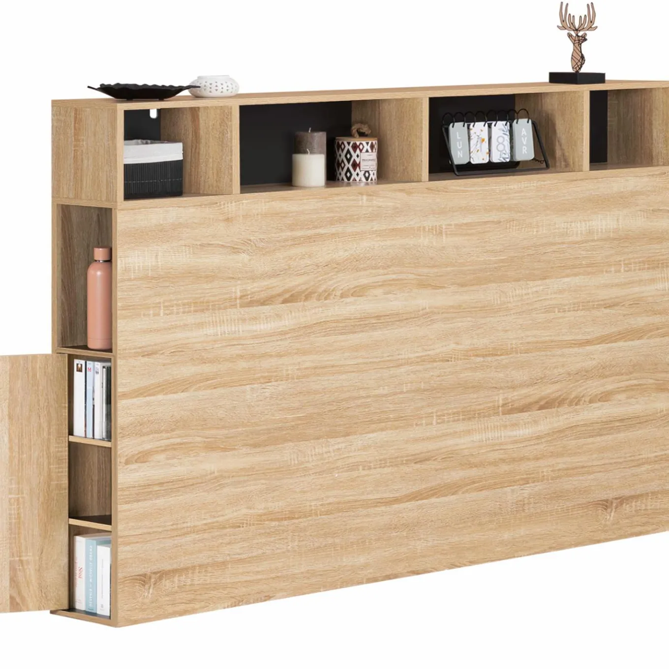 IDMarket Tête de lit avec rangement intégré bois façon hêtre et noir 165 cm* Collection Moderne|Chambre Complète Adulte