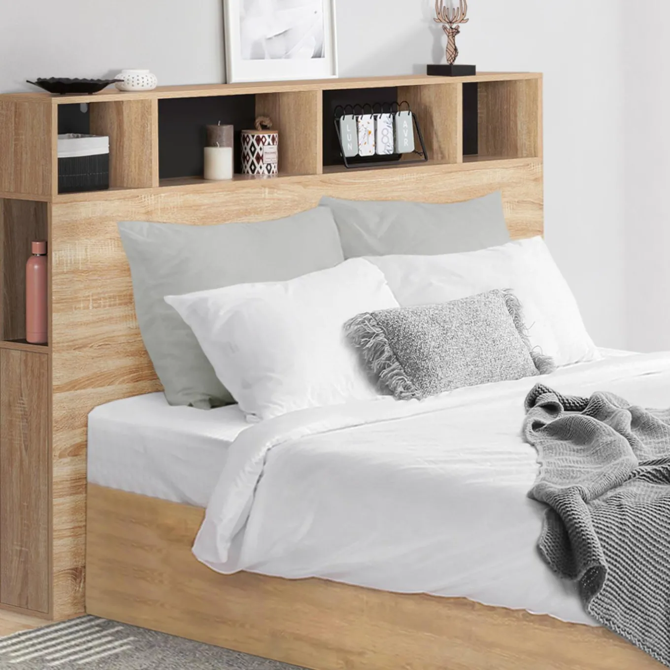 IDMarket Tête de lit avec rangement intégré bois façon hêtre et noir 165 cm* Collection Moderne|Chambre Complète Adulte