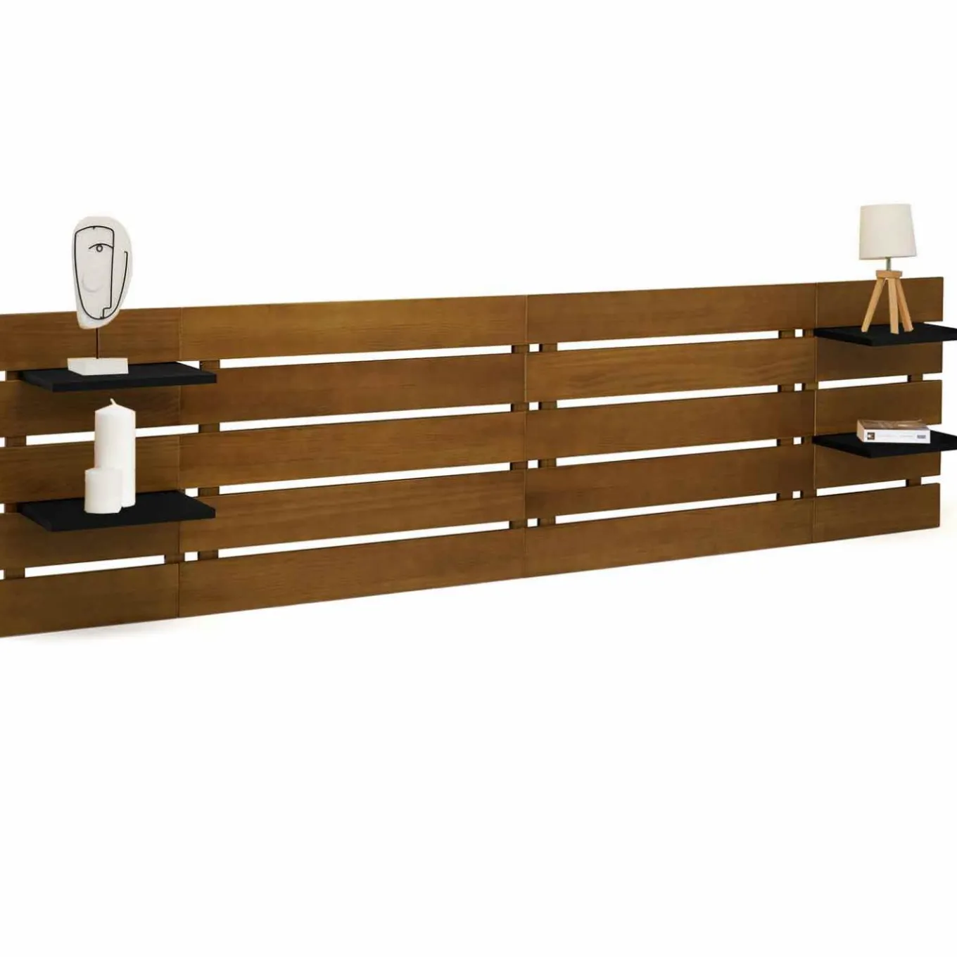 IDMarket Tête de lit bois vieilli étagères noires 5 larges lattes 240 cm* Collection Vintage|Collection Moderne
