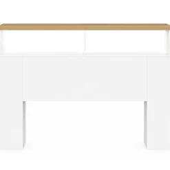IDMarket Tête de lit sur pied à LED avec plateau bois 145 cm rangements et niches blanches* Collection Design|Collection Moderne