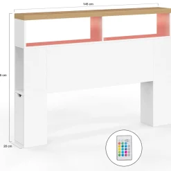IDMarket Tête de lit sur pied à LED avec plateau bois 145 cm rangements et niches blanches* Collection Design|Collection Moderne