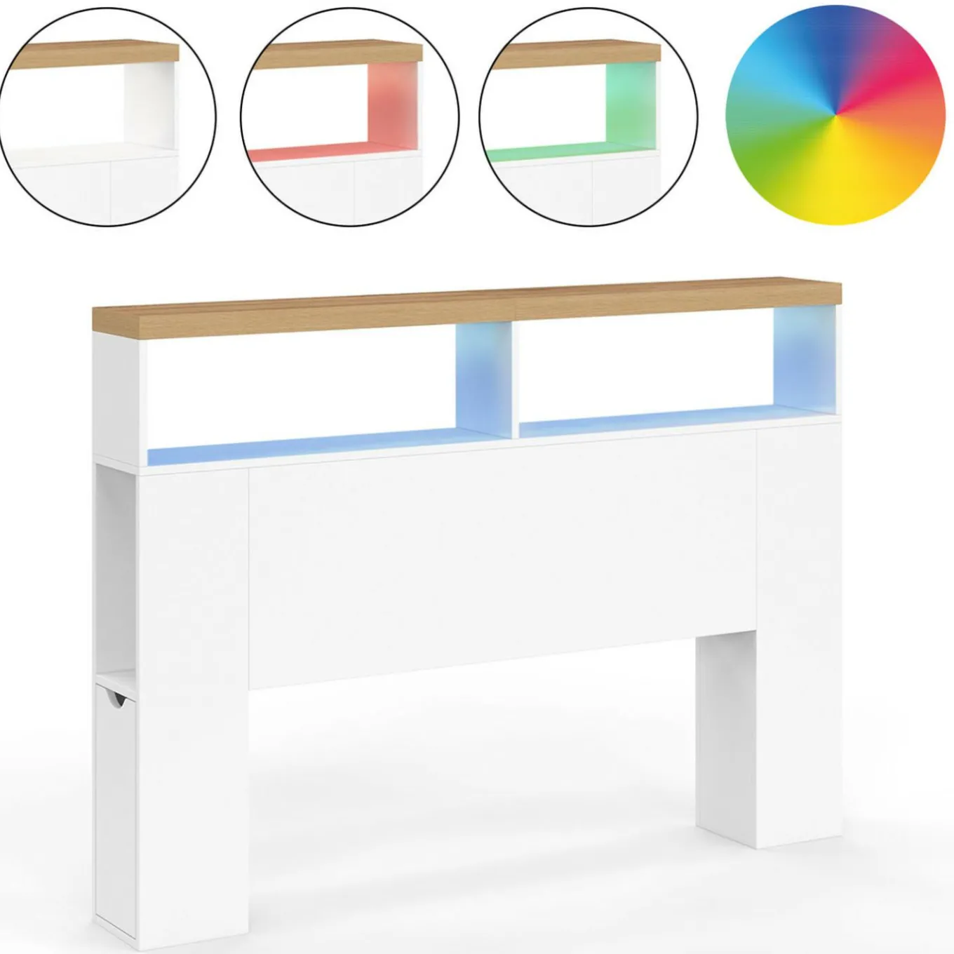 IDMarket Tête de lit sur pied à LED avec plateau bois 145 cm rangements et niches blanches* Collection Design|Collection Moderne