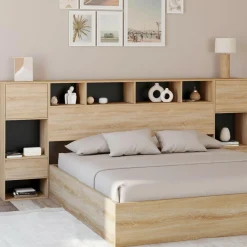 IDMarket Tête de lit sur pied noir et bois* Collection Moderne|Chambre Complète Adulte