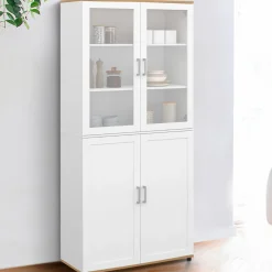 IDMarket Vaisselier buffet haut 176 cm avec 4 portes et étagères blanc et bois* Vaisseliers|Buffets