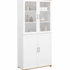 IDMarket Vaisselier buffet haut 176 cm avec 4 portes et étagères blanc et bois* Vaisseliers|Buffets