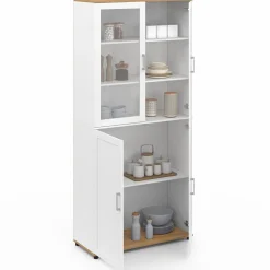 IDMarket Vaisselier buffet haut 176 cm avec 4 portes et étagères blanc et bois* Vaisseliers|Buffets