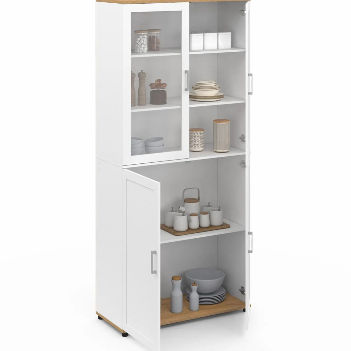 IDMarket Vaisselier buffet haut 176 cm avec 4 portes et étagères blanc et bois* Vaisseliers|Buffets