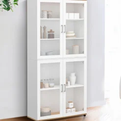 IDMarket Vaisselier buffet haut 176 cm avec 4 portes vitrées blanc et bois* Vaisseliers|Buffets