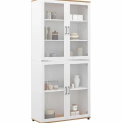 IDMarket Vaisselier buffet haut 176 cm avec 4 portes vitrées blanc et bois* Vaisseliers|Buffets