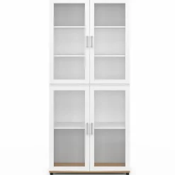 IDMarket Vaisselier buffet haut 176 cm avec 4 portes vitrées blanc et bois* Vaisseliers|Buffets