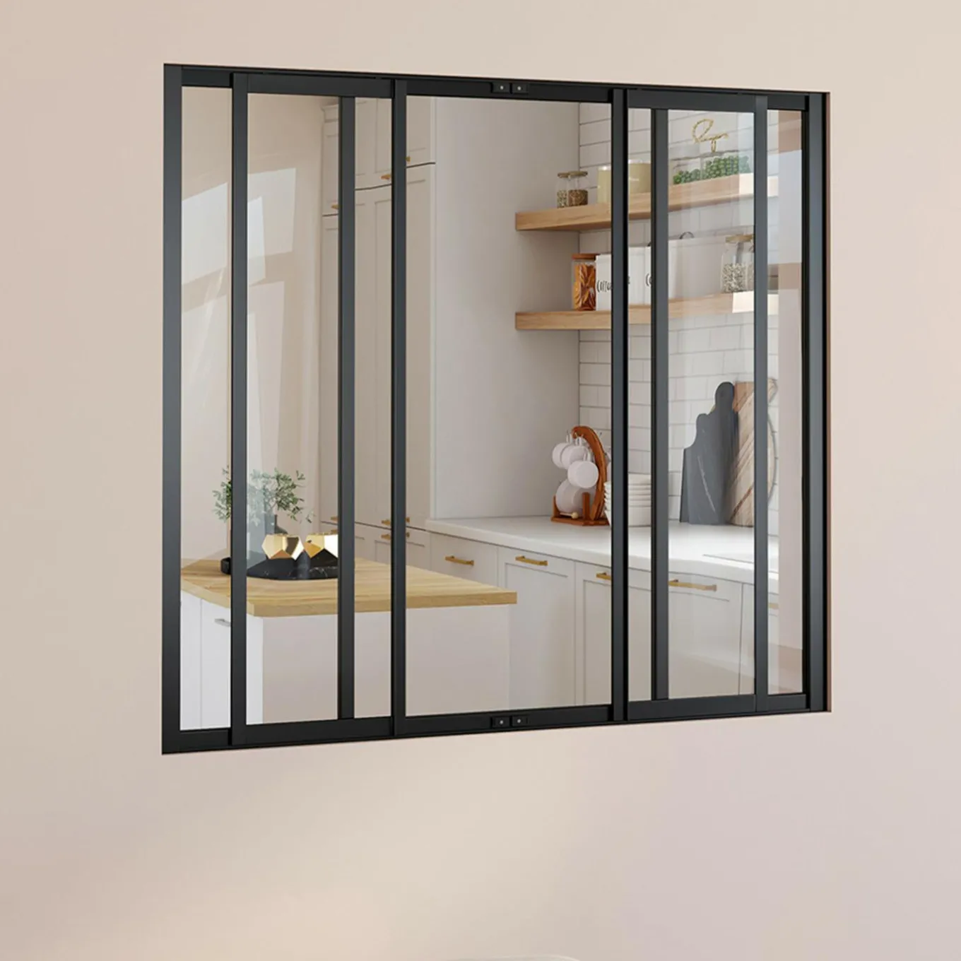 IDMarket Verrière atelier coulissante 4 vitrages 120 x 108 cm en métal noir et verre trempé* Produits D’Aménagement Intérieur|Décoration Et Accessoires