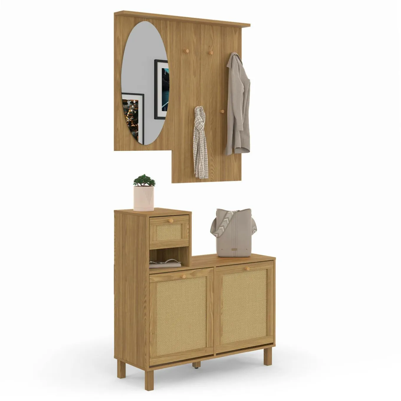 IDMarket Vestiaire d'entrée avec miroir, placard à chaussure et rangements en bois effet naturel cannage* Meubles Hauts|Collection Cannage