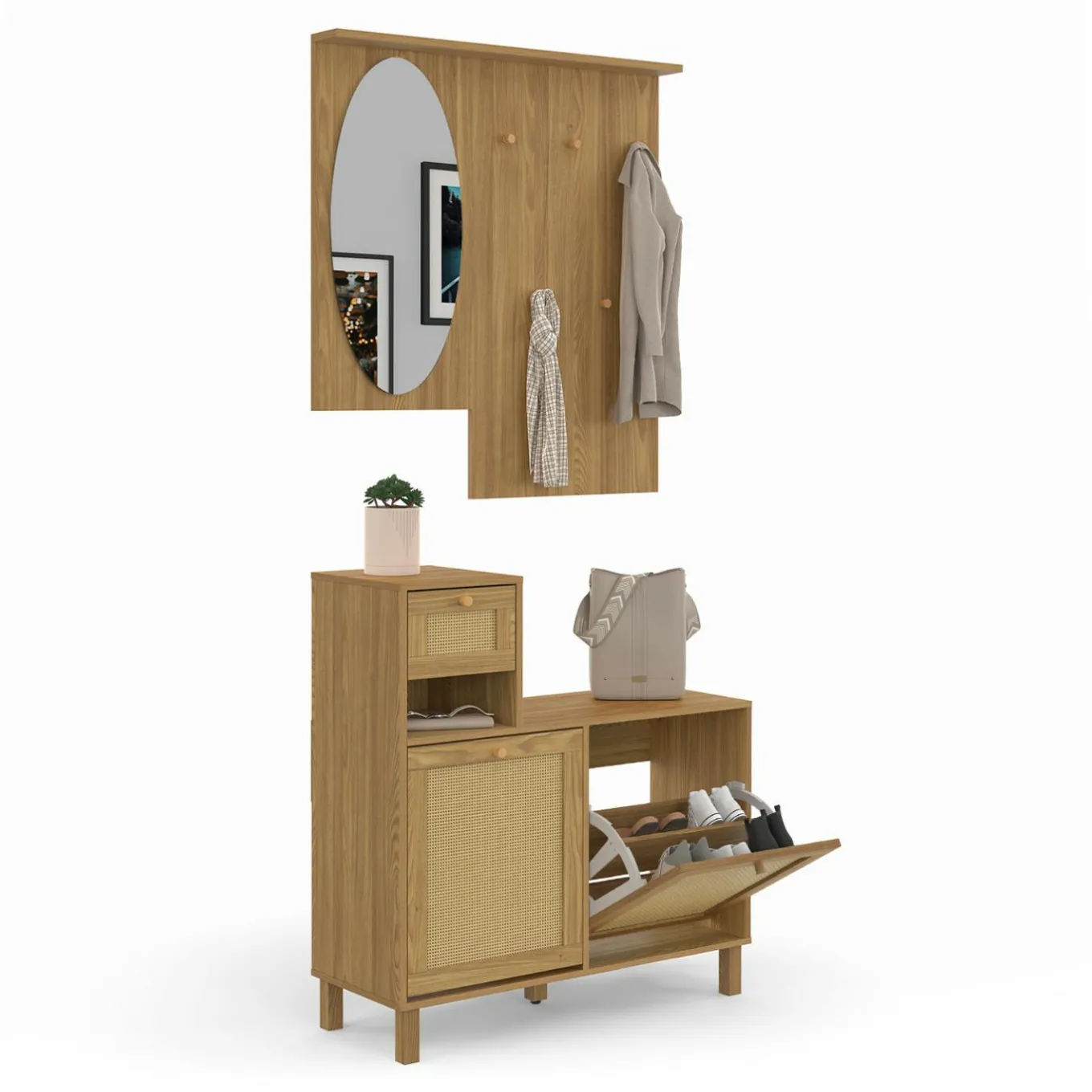 IDMarket Vestiaire d'entrée avec miroir, placard à chaussure et rangements en bois effet naturel cannage* Meubles Hauts|Collection Cannage