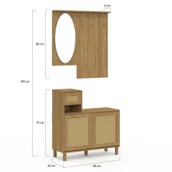 IDMarket Vestiaire d'entrée avec miroir, placard à chaussure et rangements en bois effet naturel cannage* Meubles Hauts|Collection Cannage