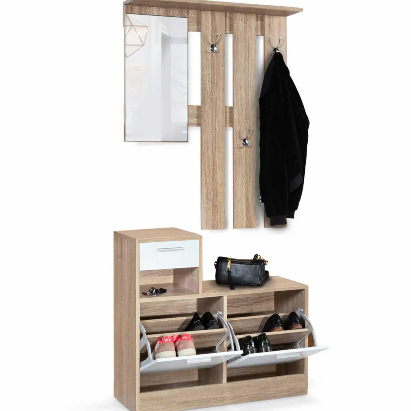 IDMarket Vestiaire d’entrée avec miroir, porte-manteaux et range-chaussures en lot* Meubles Hauts|Collection Design