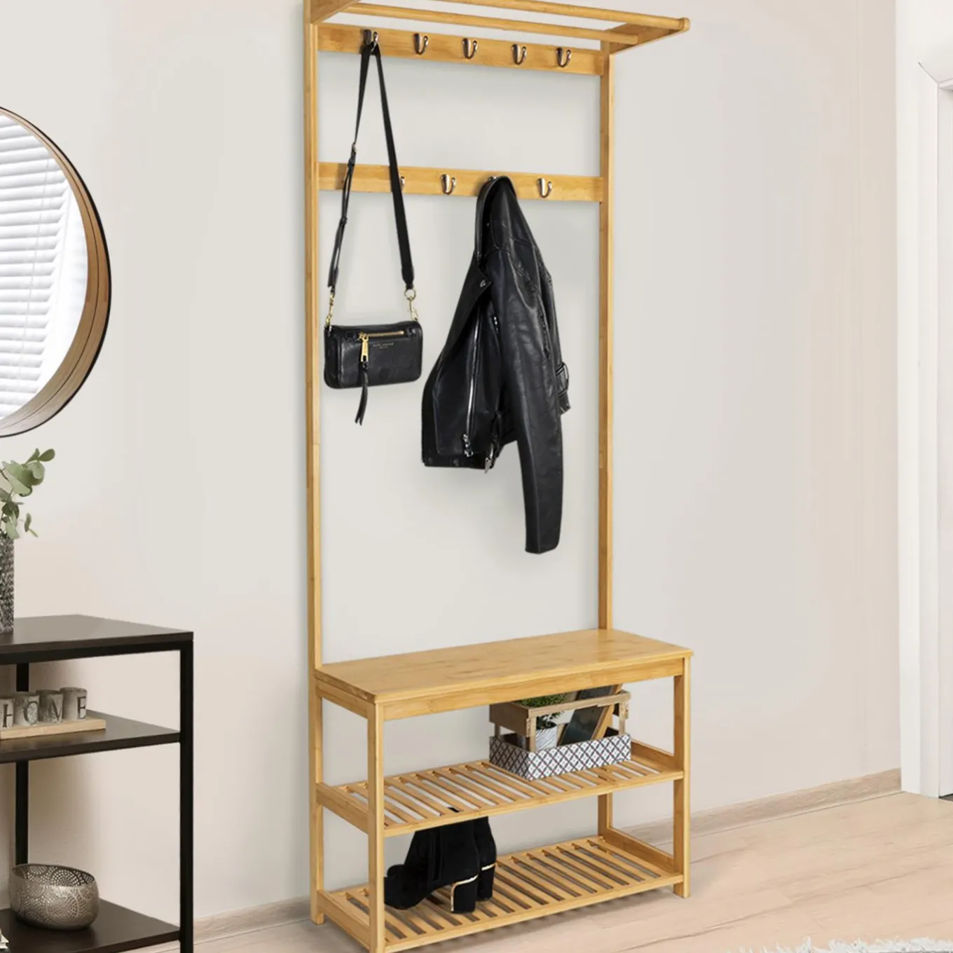 IDMarket Vestiaire d’entrée en bambou avec portant à vêtements et chaussures* Meubles Hauts|Collection Bambou