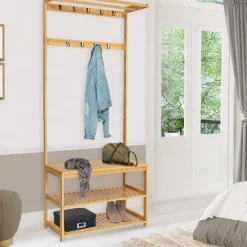 IDMarket Vestiaire d’entrée en bambou avec portant à vêtements et chaussures* Meubles Hauts|Collection Bambou