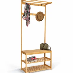 IDMarket Vestiaire d’entrée en bambou avec portant à vêtements et chaussures* Meubles Hauts|Collection Bambou