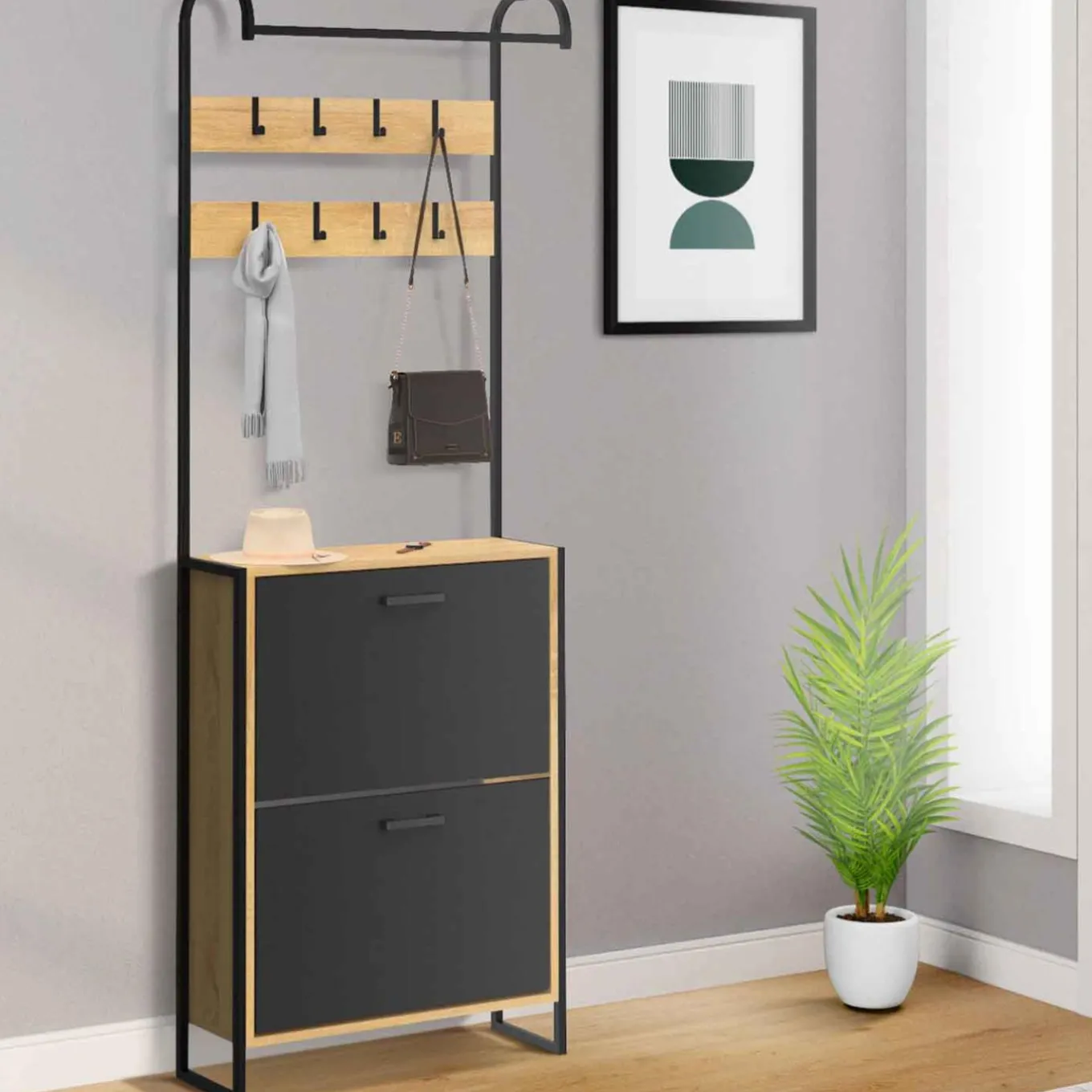 IDMarket Vestiaire d'entrée meuble chaussures 2 portes bois et noir* Vestiaires Et Meubles D'Entrée