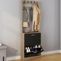 IDMarket Vestiaire d'entrée meuble chaussures 2 portes effet bois et noir* Meubles À Chaussures|Vestiaires Et Meubles D'Entrée