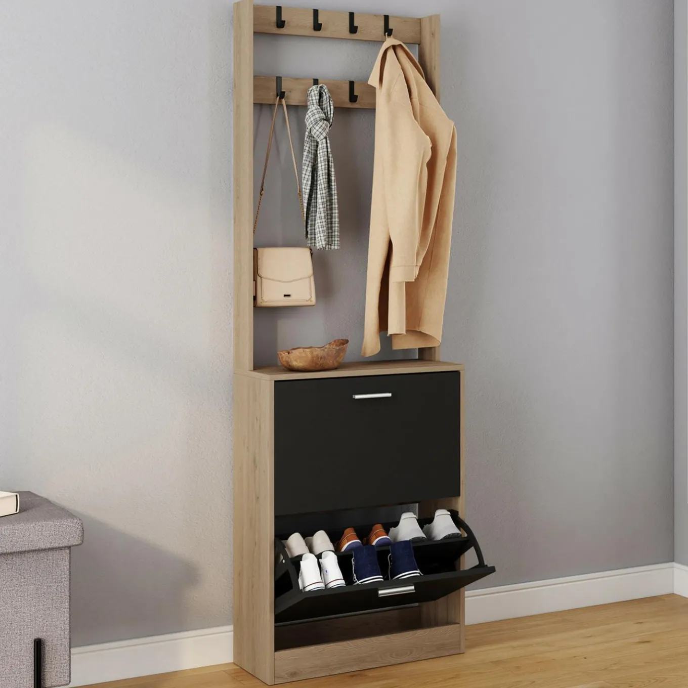 IDMarket Vestiaire d'entrée meuble chaussures 2 portes effet bois et noir* Meubles À Chaussures|Vestiaires Et Meubles D'Entrée