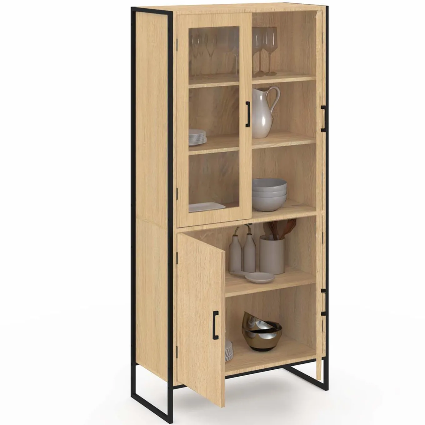 IDMarket Vitrine buffet haut industriel 176 cm avec portes et étagères* Meubles Hauts|Collection Industrielle